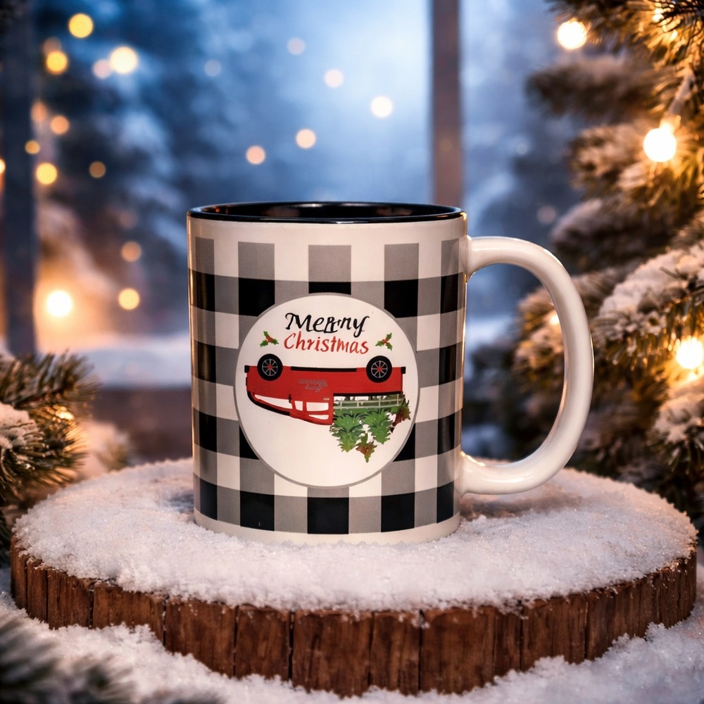 Merry Christmas Little Red Truck Upside Down Checkered Cup 8OZ.
